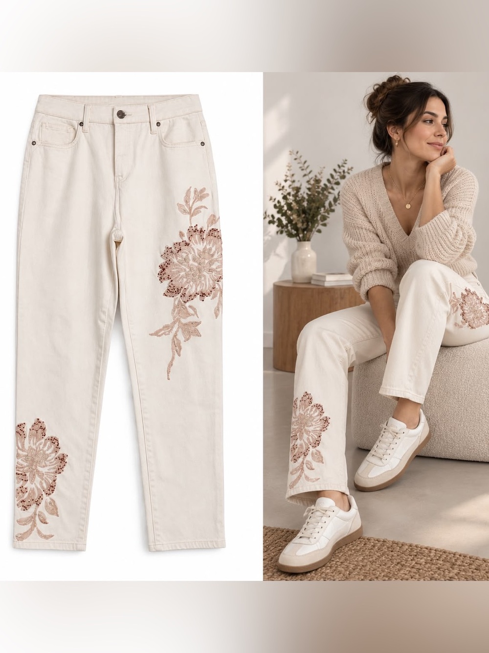 Chico's Embroidered Cream Straight-Ankle Leg Jeans Size 0.5R